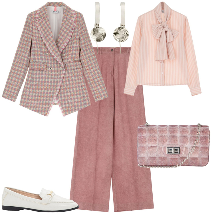 Outfit donna - Settembre. Stile Chic per Ufficio. Abbinamento con orecchini, mocassini, borse a tracolla, pantaloni a palazzo, camicie, blazer.