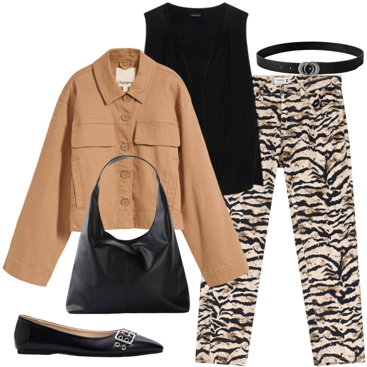 Outfit donna - Total look #2236287. Stile Etnico per Ufficio. Abbinamento con blazer, ballerine, shopping bag, cinture, pantaloni chino, top.
