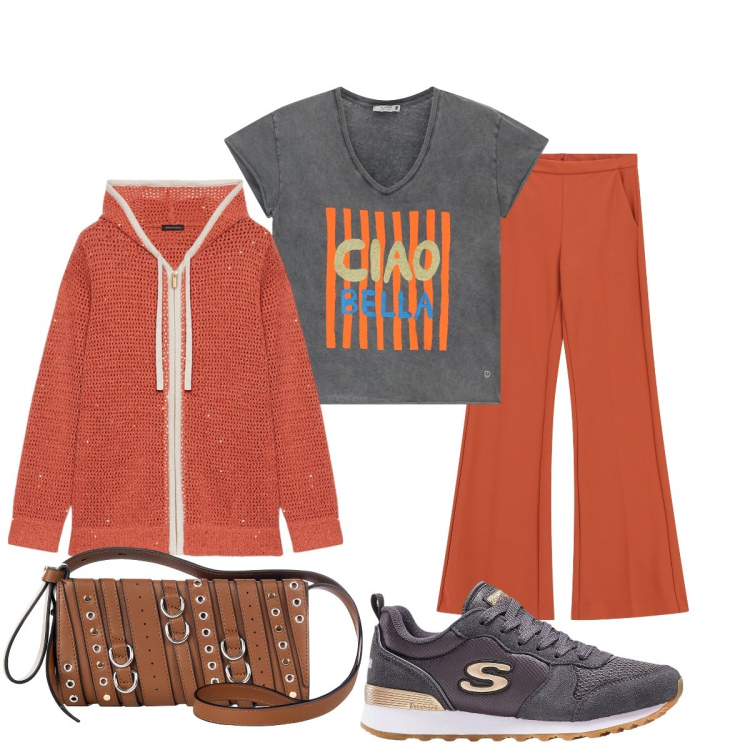 Outfit donna - Sporty chic arancione e grigio. Stile Sporty chic per Sport. Abbinamento con sneakers, borse a spalla, t-shirt, pantaloni, cardigans.