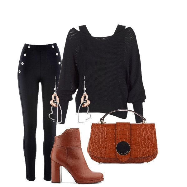 Outfit donna - Trendy #1180. Stile Trendy per Tutti i giorni. Abbinamento con leggings, maglione nero, tronchetti mini con tacco e plateau e zip, orecchini pendenti, catena mini con stampa a clip interno sfoderato con tracolla removibile arancione.