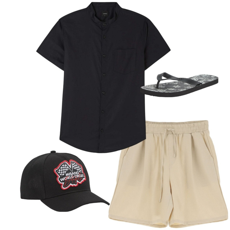 Outfit uomo - Total look city. Stile Casual per Tutti i giorni. Abbinamento con camicie a manica corta, cappelli, sandali, bermuda.