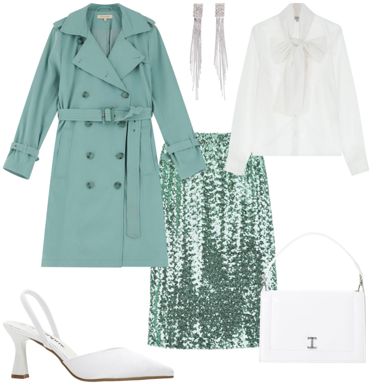 Outfit donna - evento serata cerimonia. Stile Chic per Serata fuori. Abbinamento con décolleté, orecchini, trench, camicie, gonne longuette, borse a tracolla.