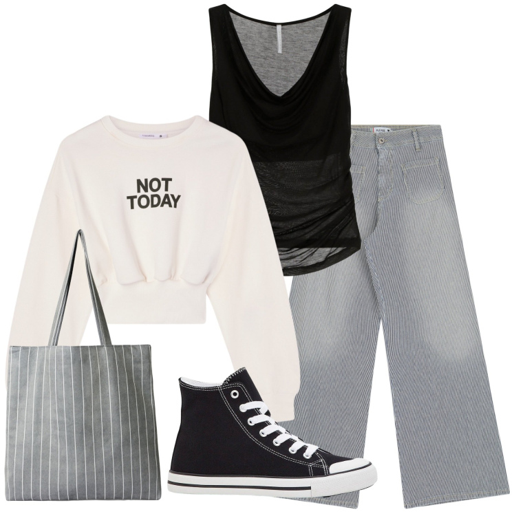 Outfit donna - Total look #2236305. Stile Basic per Scuola/Università. Abbinamento con sneakers alte, shopping bag, felpe, jeans a zampa, top.