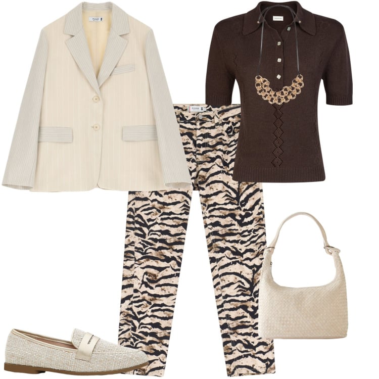 Outfit donna - Glamour per ogni giorno. Stile Glamour per Tutti i giorni. Abbinamento con mocassini, shopping bag, pantaloni chino, blazer, polo, collane.