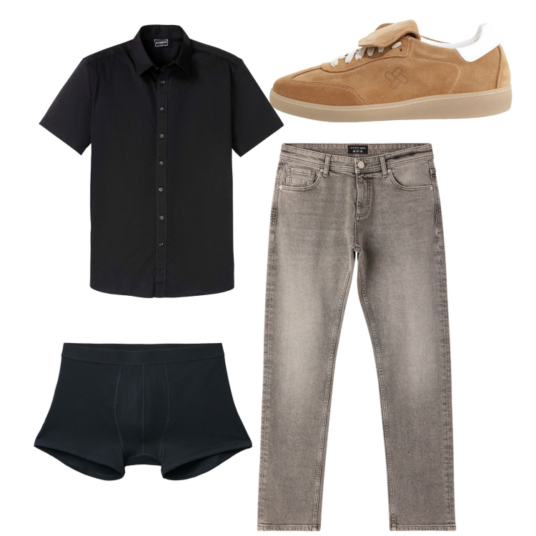 Outfit uomo - City. Stile Casual per Tutti i giorni. Abbinamento con camicie a manica corta, jeans, boxer, sneakers.