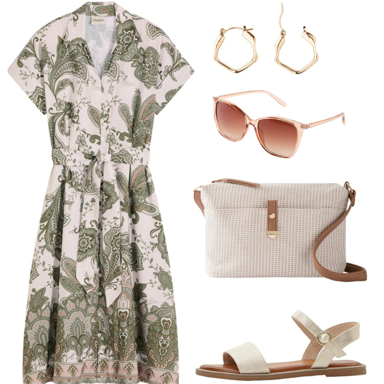 Outfit donna - A Bosa. Stile Casual per Tutti i giorni. Abbinamento con vestiti, sandali, borse a tracolla, orecchini, occhiali da sole.