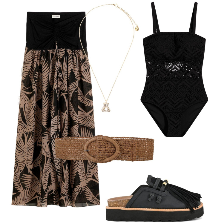 Outfit donna - L\'aperitivo in spiaggia. Stile Trendy per Mare. Abbinamento con costumi interi, cinture, vestiti da spiaggia, ciondoli, sabot.