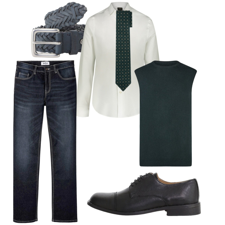 Outfit uomo - Next fall. Stile Casual per Tutti i giorni. Abbinamento con jeans bootcut, cinture, scarpe stringate, camicie, cravatte, gilet.