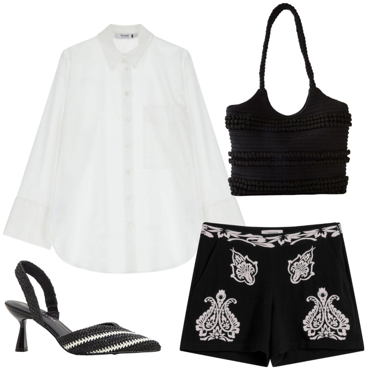 Outfit donna - Rientro con i pantaloncini. Stile Casual chic per Tutti i giorni. Abbinamento con shorts, décolleté, shopping bag, camicie.