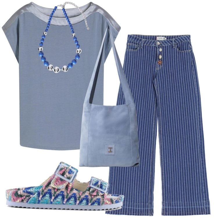 Outfit donna - Toni del blu. Stile Basic per Tutti i giorni. Abbinamento con bluse, jeans, borse a tracolla, sandali, collane.