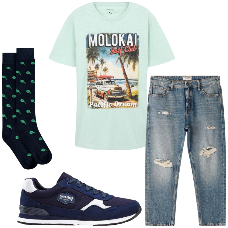 Outfit uomo - Total look #2236347. Stile Casual per Mare. Abbinamento con sneakers, t-shirt, jeans strappati, calzini.