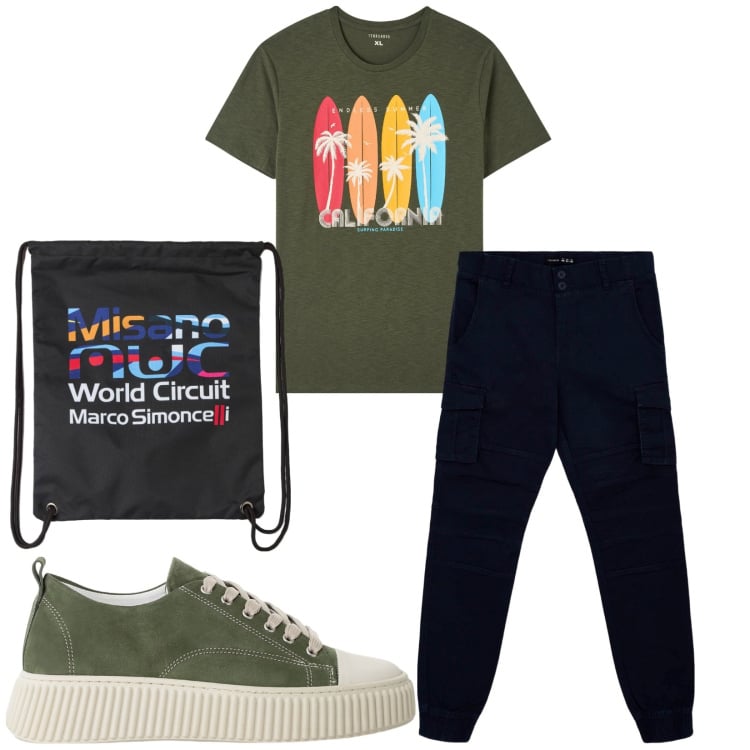 Outfit uomo - Total look #2236351. Stile Casual per Tutti i giorni. Abbinamento con borse sportive, t-shirt, pantaloni cargo, sneakers.