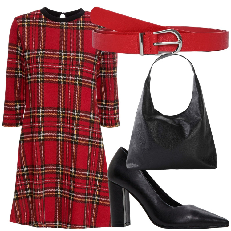 Outfit donna - Scozzese in ufficio. Stile Bon Ton per Ufficio. Abbinamento con vestiti corti, shopping bag, décolleté, cinture.