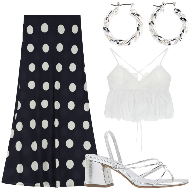Outfit donna - La gonna a pois. Stile Romantica per Serata fuori. Abbinamento con orecchini, sandali col tacco, top, gonne lunghe.