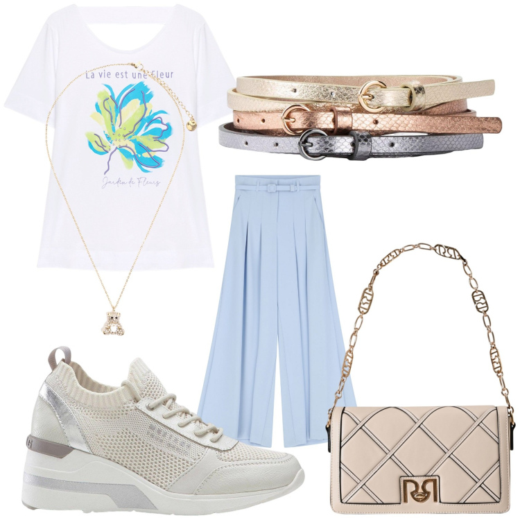 Outfit donna - Total look #2236365. Stile Casual chic per Tutti i giorni. Abbinamento con cinture, sneakers, borse a tracolla, pantaloni, ciondoli, t-shirt.