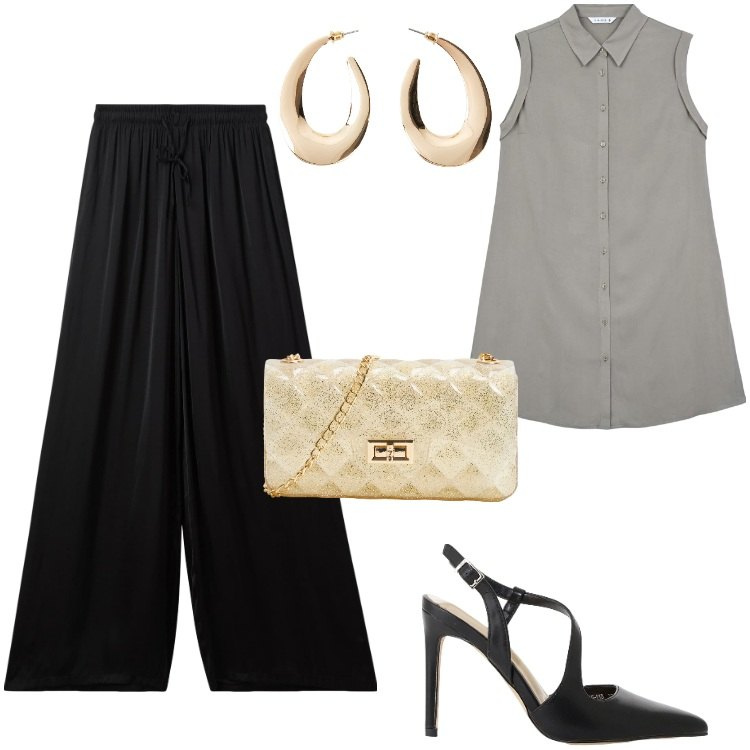 Outfit donna - Part of Me. Stile Chic per Serata fuori. Abbinamento con orecchini, borse a tracolla, pantaloni a palazzo, camicie a manica corta, décolleté.