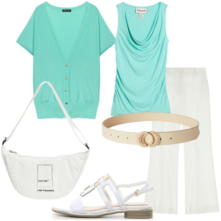Outfit donna - Il potere del turchese Donna Curvy. Stile Basic per Serata fuori. Abbinamento con top, marsupi, cinture, pantaloni, cardigans, sandali.