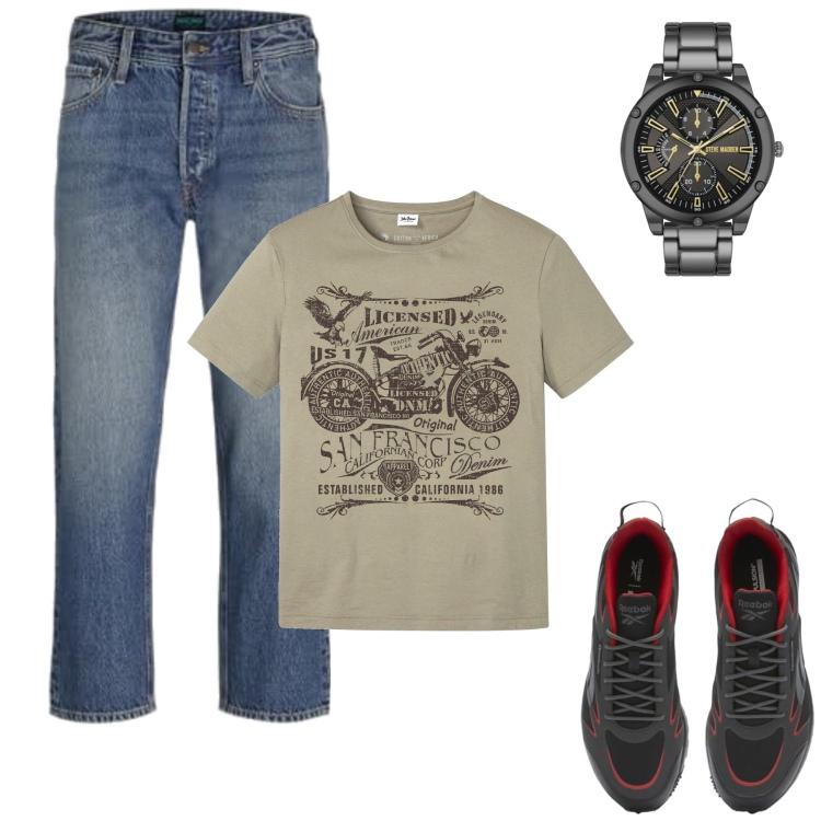 Outfit homme - Élie. Style Tendance pour Tous les jours. Assortir avec t-shirts, sneakers, montres analogiques, jeans.