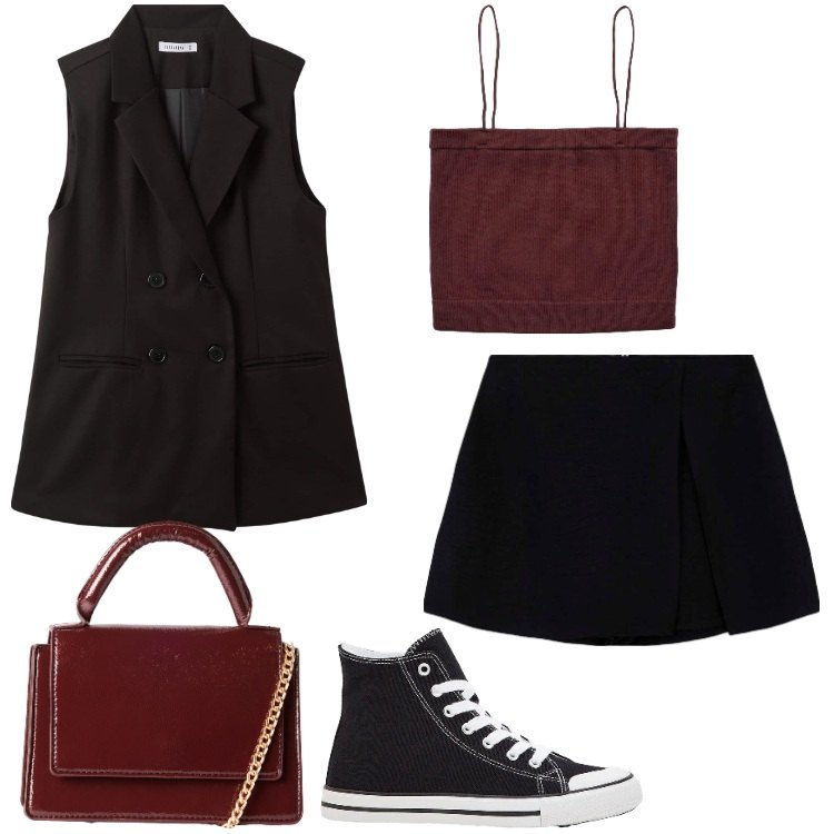 Outfit donna - Comfortably numb. Stile Trendy per Serata fuori. Abbinamento con sneakers alte, minigonne, gilet, canottiere, borse a tracolla.