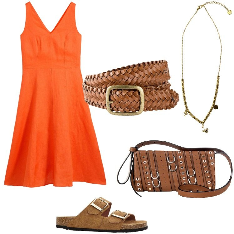 Outfit donna - Backseat. Stile Minimal per Tutti i giorni. Abbinamento con cinture, vestiti midi/longuette, ciabatte, borse a spalla, ciondoli.