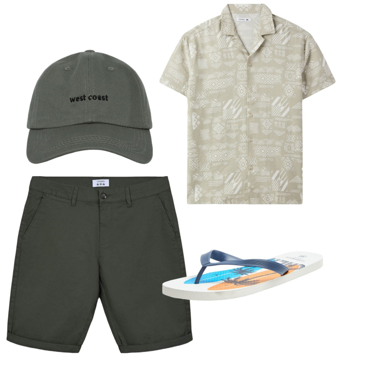 Outfit uomo - Agosto. Stile Casual per Tutti i giorni. Abbinamento con sandali, camicie a manica corta, cappelli con visiera, bermuda.