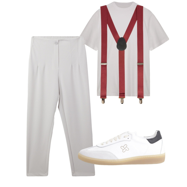 Outfit uomo - Agosto. Stile Casual per Tutti i giorni. Abbinamento con pantaloni chino, sneakers, bretelle, t-shirt.