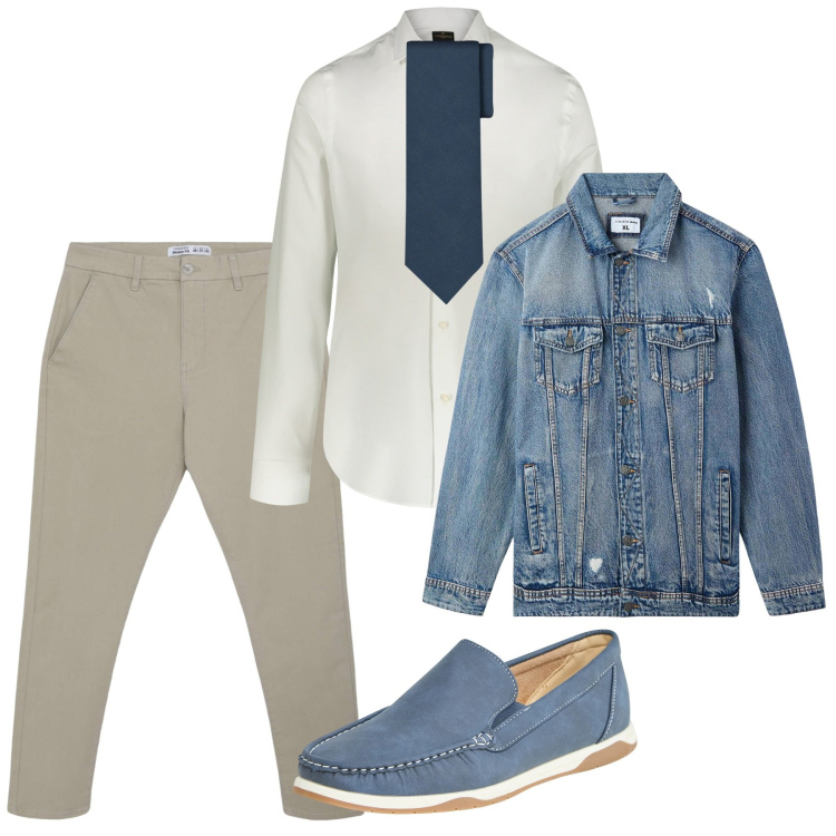 Outfit uomo - Agosto. Stile Casual per Ufficio. Abbinamento con scarpe stringate, giacche, pantaloni chino, camicie, cravatte.