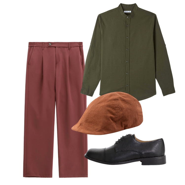 Outfit uomo - Agosto. Stile Casual per Tutti i giorni. Abbinamento con camicie, pantaloni, scarpe stringate, cappelli con visiera.