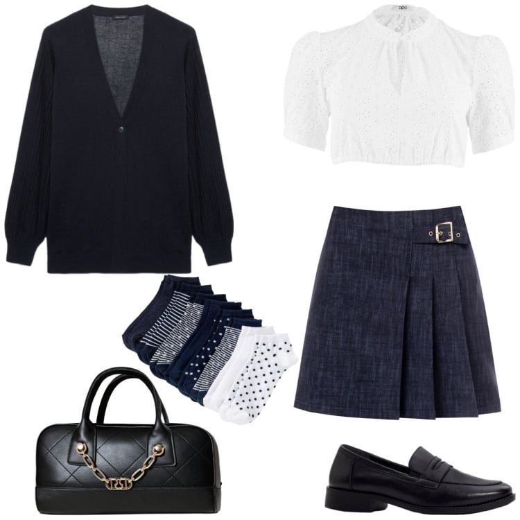 Outfit donna - Rientro a scuola. Stile Preppy per Scuola/Università. Abbinamento con calzini, mocassini, camicie, minigonne, borse a mano, cardigans.