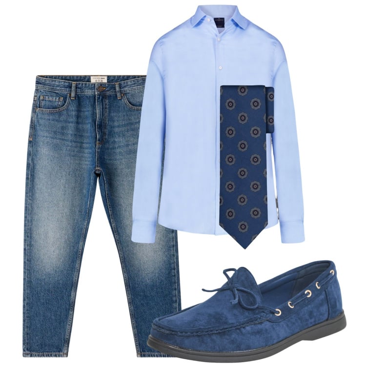 Outfit uomo - Agosto. Stile Casual per Ufficio. Abbinamento con scarpe stringate, jeans, camicie, cravatte.