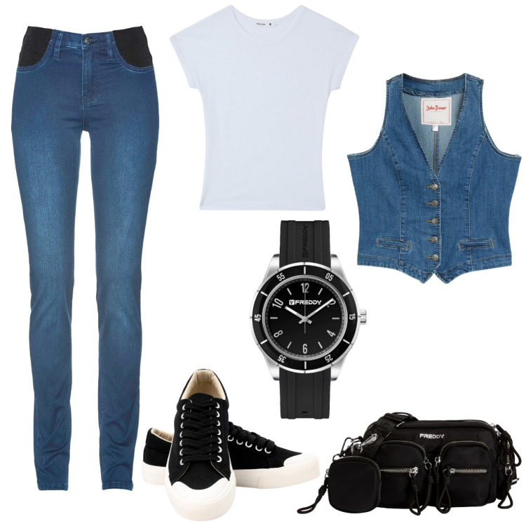 Outfit donna - Tra i banchi. Stile Casual per Scuola/Università. Abbinamento con jeans skinny, gilet, t-shirt, orologi, borse a tracolla, sneakers.