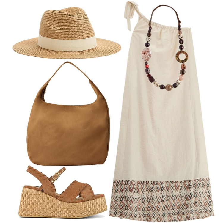 Outfit donna - In cerca di souvenir. Stile Etnico per Tutti i giorni. Abbinamento con cappelli, borse a mano, vestiti lunghi, zeppe, collane.