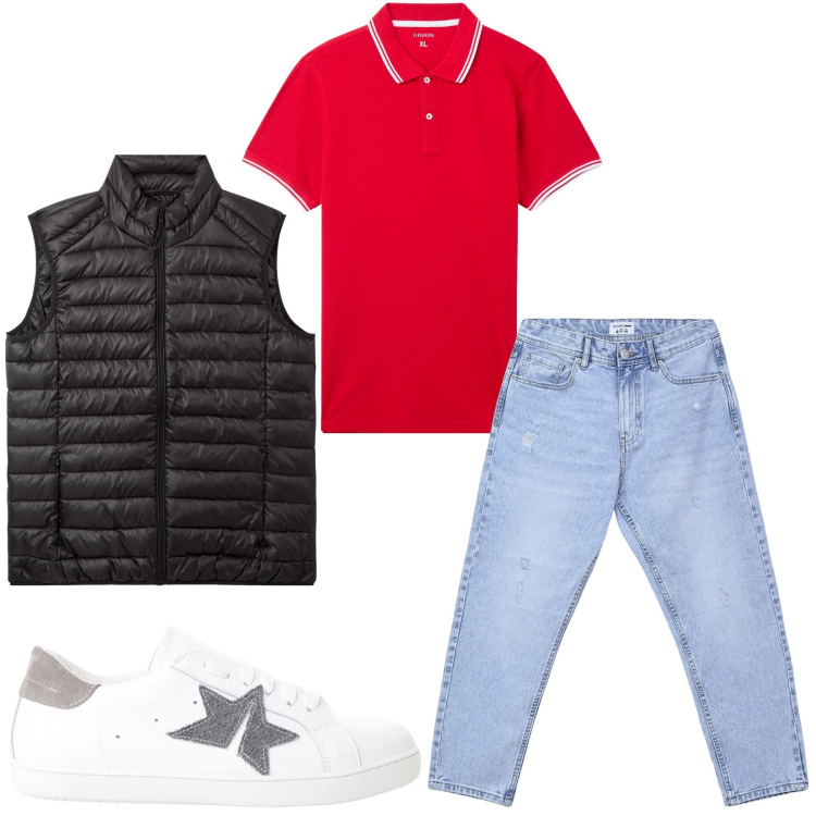 Outfit uomo - Total look #2236390. Stile Casual per Tutti i giorni. Abbinamento con piumini, jeans strappati, polo, sneakers.