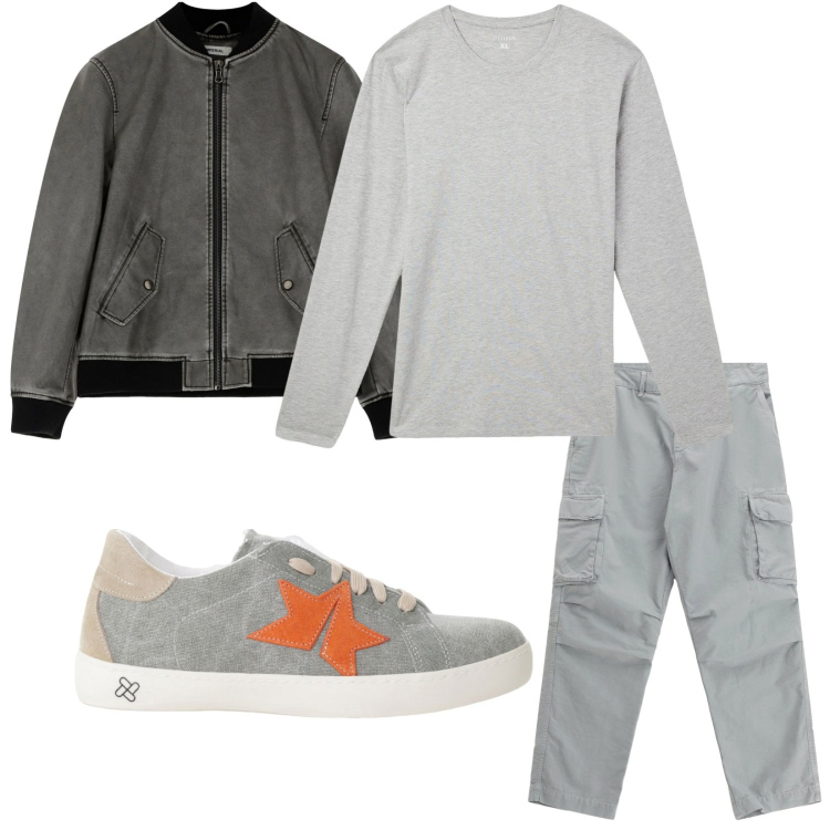 Outfit uomo - Total look #2236392. Stile Trendy per Tutti i giorni. Abbinamento con t-shirt, bomber, sneakers, pantaloni cargo.