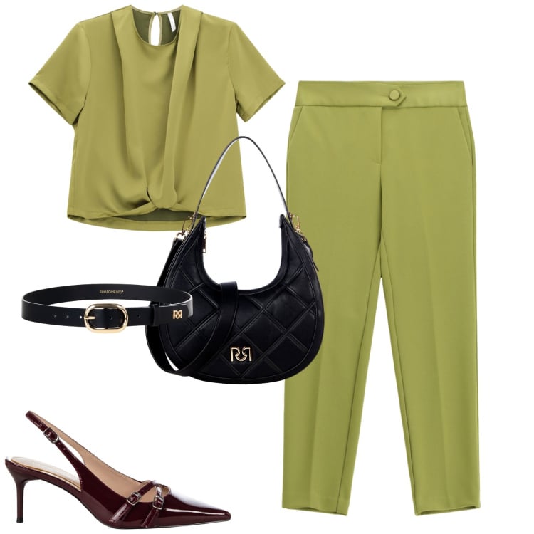 Outfit donna - City. Stile Minimal per Tutti i giorni. Abbinamento con borse a tracolla, décolleté, cinture, pantaloni, bluse.