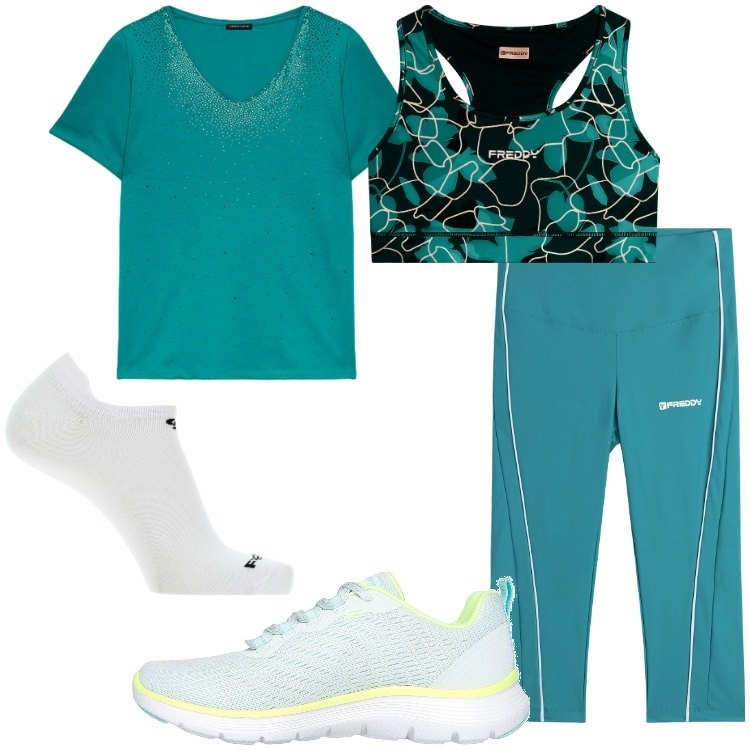 Outfit donna - Turchese per lo sport. Stile Casual per Sport. Abbinamento con leggings, calzini, reggiseni, t-shirt, sneakers.