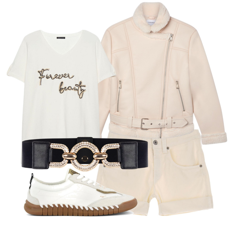 Outfit donna - Bianco neve. Stile Casual chic per Tutti i giorni. Abbinamento con bomber, cinture, shorts, t-shirt, sneakers.