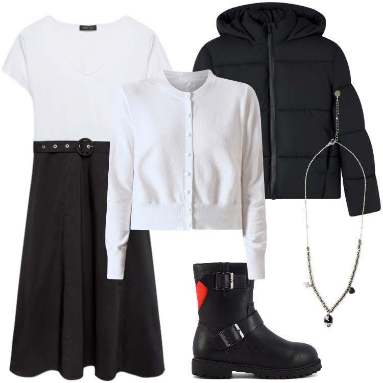 Outfit donna - Pensando a Settembre. Stile Urban per Scuola/Università. Abbinamento con bomber, cardigans, ciondoli, vestiti midi/longuette, stivaletti.