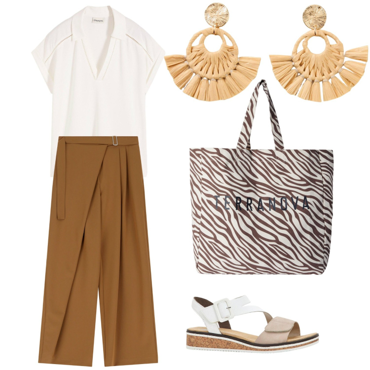 Outfit donna - Gli orecchini in paglia. Stile Casual chic per Tutti i giorni. Abbinamento con polo, orecchini, sandali, borse tote, pantaloni a palazzo.