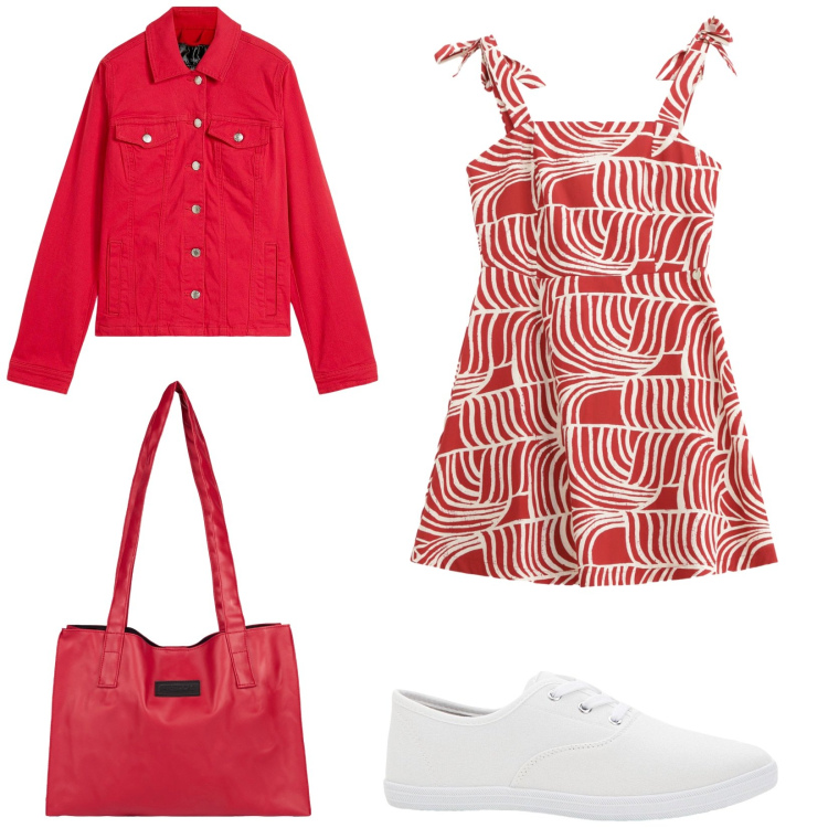 Outfit donna - Total look #2236402. Stile Casual chic per Tutti i giorni. Abbinamento con blazer, sneakers, vestiti corti, shopping bag.