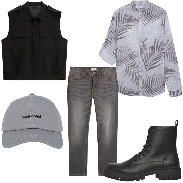 Outfit uomo - Total look #2236404. Stile Casual per Tutti i giorni. Abbinamento con jeans dritti, cappelli con visiera, camicie, anfibi, gilet.
