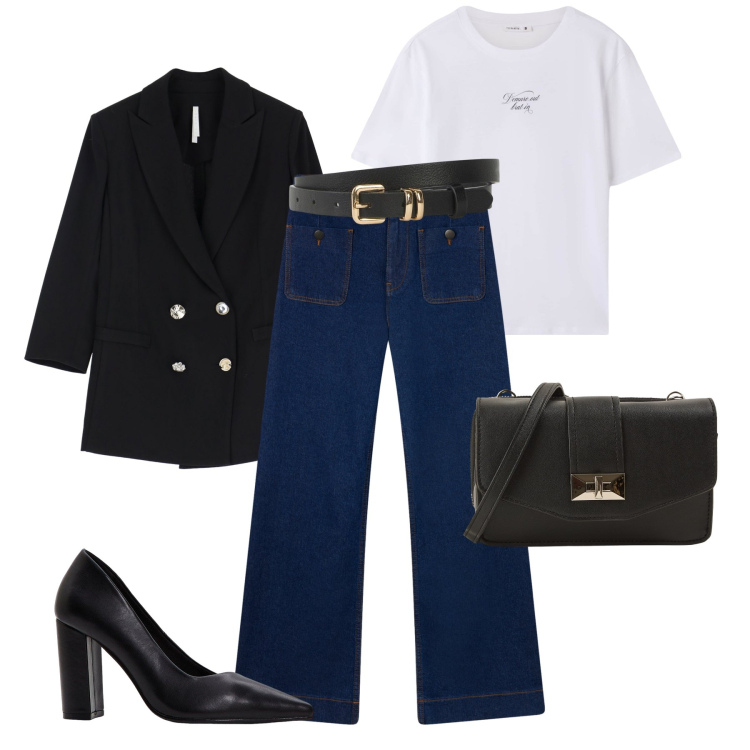 Outfit donna - Stilosa tutto il giorno. Stile Trendy per Tutti i giorni. Abbinamento con cinture, décolleté, jeans, borse a tracolla, t-shirt, blazer.