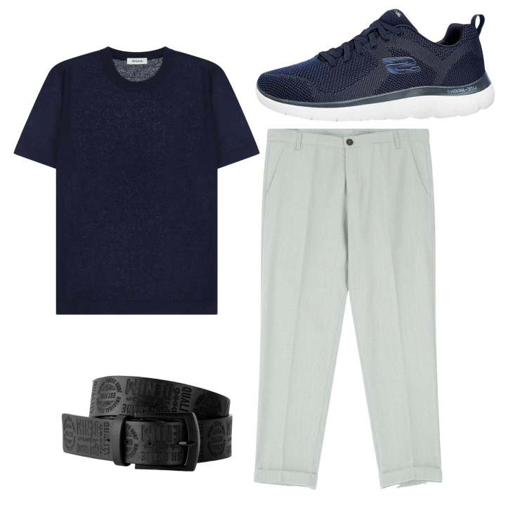 Outfit uomo - City. Stile Trendy per Tutti i giorni. Abbinamento con cinture, sneakers, pantaloni, maglieria.