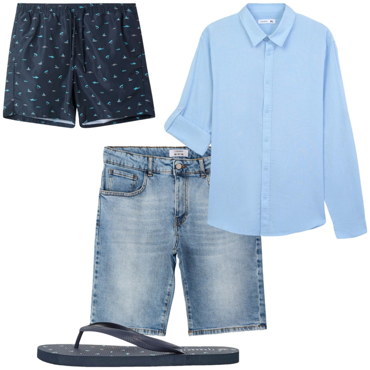 Outfit uomo - Total look #2236423. Stile Casual per Mare. Abbinamento con costumi, sandali, bermuda, camicie.