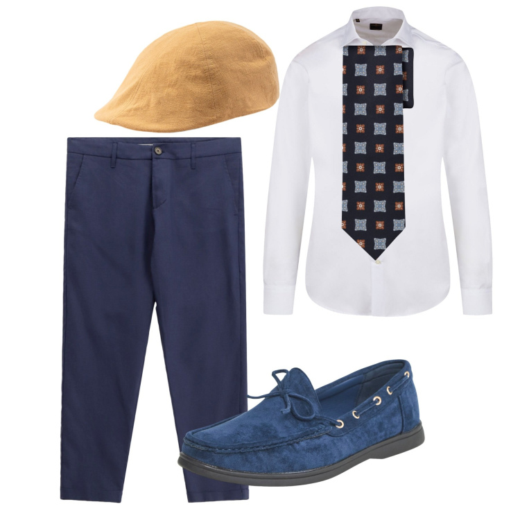 Outfit uomo - Agosto. Stile Casual per Tutti i giorni. Abbinamento con scarpe stringate, pantaloni, camicie, cappelli con visiera, cravatte.