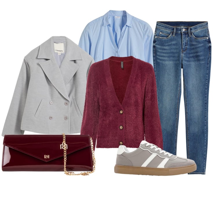 Outfit donna - Casual burgundy. Stile Casual chic per Tutti i giorni. Abbinamento con cardigans, caban, sneakers, jeans skinny, camicie, pochette.