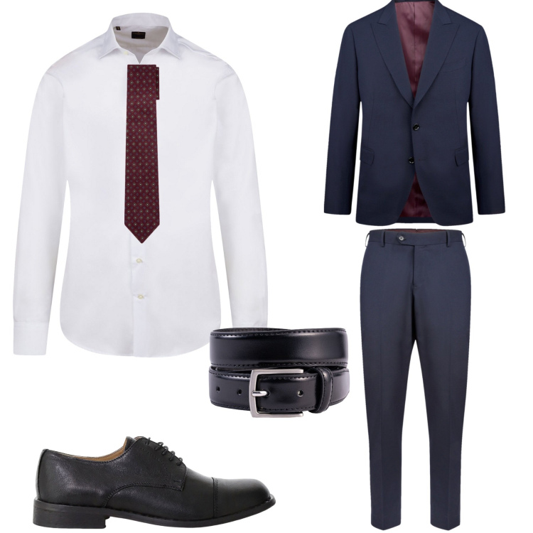 Outfit uomo - Abito blu doppelganger. Stile Business/Elegante per Cerimonia. Abbinamento con scarpe stringate, cravatte, abiti, camicie, cinture.