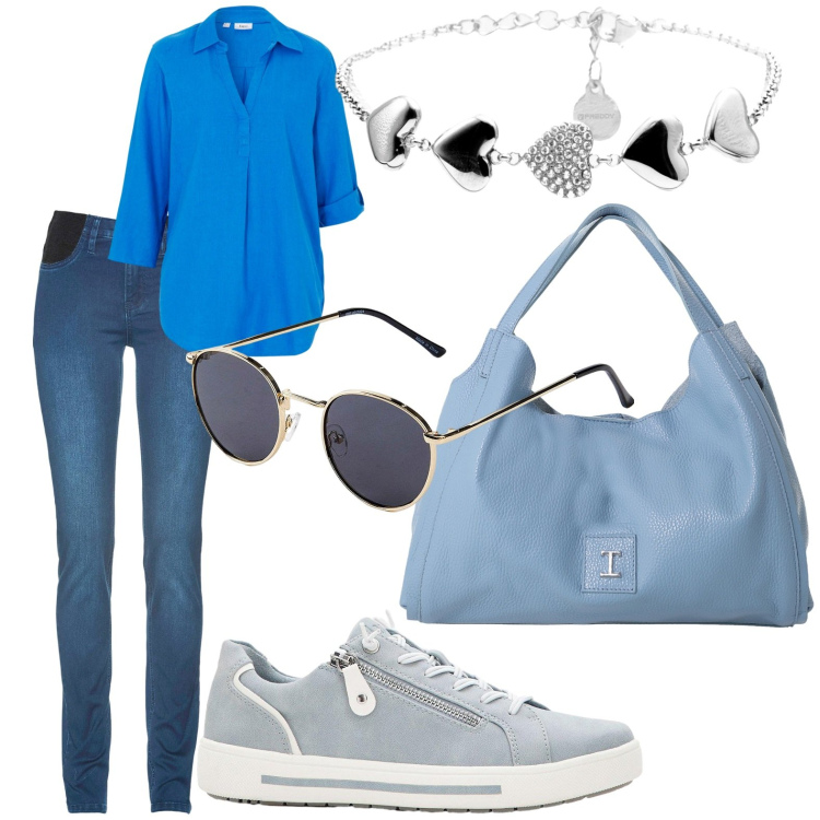 Outfit donna - Nuovo inizio. Stile Casual chic per Scuola/Università. Abbinamento con jeans skinny, bluse, occhiali da sole, sneakers, pochette, braccialetti.