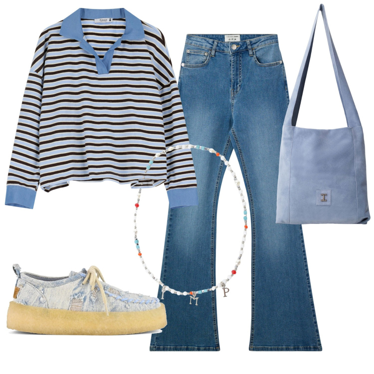 Outfit donna - Una fresca serata di agosto. Stile Casual per Tutti i giorni. Abbinamento con jeans a zampa, maglieria, collane, borse a tracolla, mocassini.