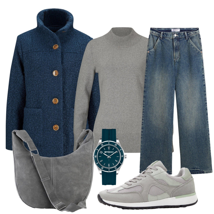 Outfit donna - Il cappotto blu. Stile Casual chic per Tutti i giorni. Abbinamento con cappotti, sneakers, maglieria, jeans, borse a mano, orologi.
